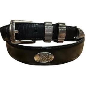 Black Leather Mens Size 42  Belt with Silver Buckle and Golf Themed Trim
